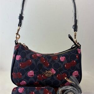 Designer inspired Navy and Pink Cherry Print Women's Bag w/ wallet
